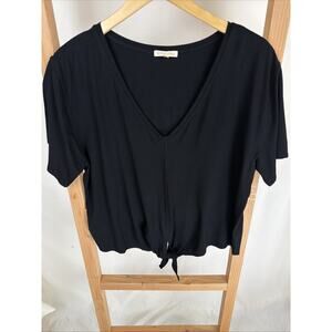 NWT Zen Knit Black Short Sleeve V-Neck Tied Front Hem Cropped Top #0934 XXL